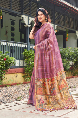 Purple Kalamkari Printed Silk Saree (ACB2526)