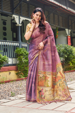 Purple Kalamkari Printed Silk Saree (ACB2526)