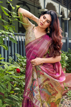 Pink Kalamkari Printed Silk Saree (ACB2527)