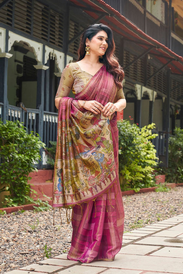 Pink Kalamkari Printed Silk Saree (ACB2527)