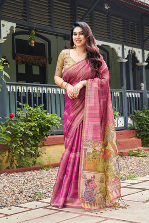 Pink Kalamkari Printed Silk Saree (ACB2527)