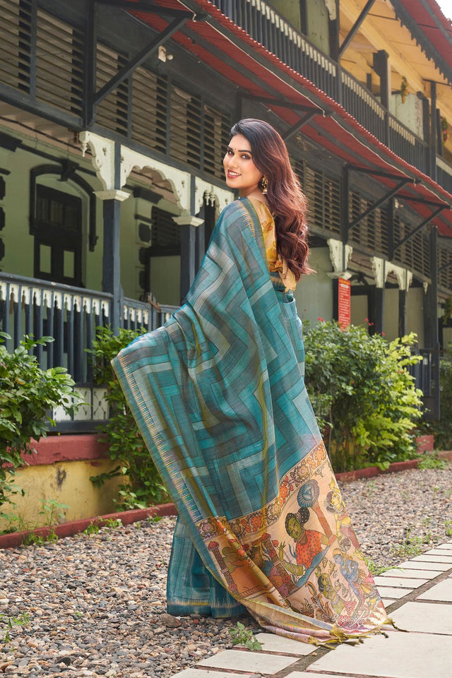 Turquoise Kalamkari Printed Silk Saree (ACB2528)