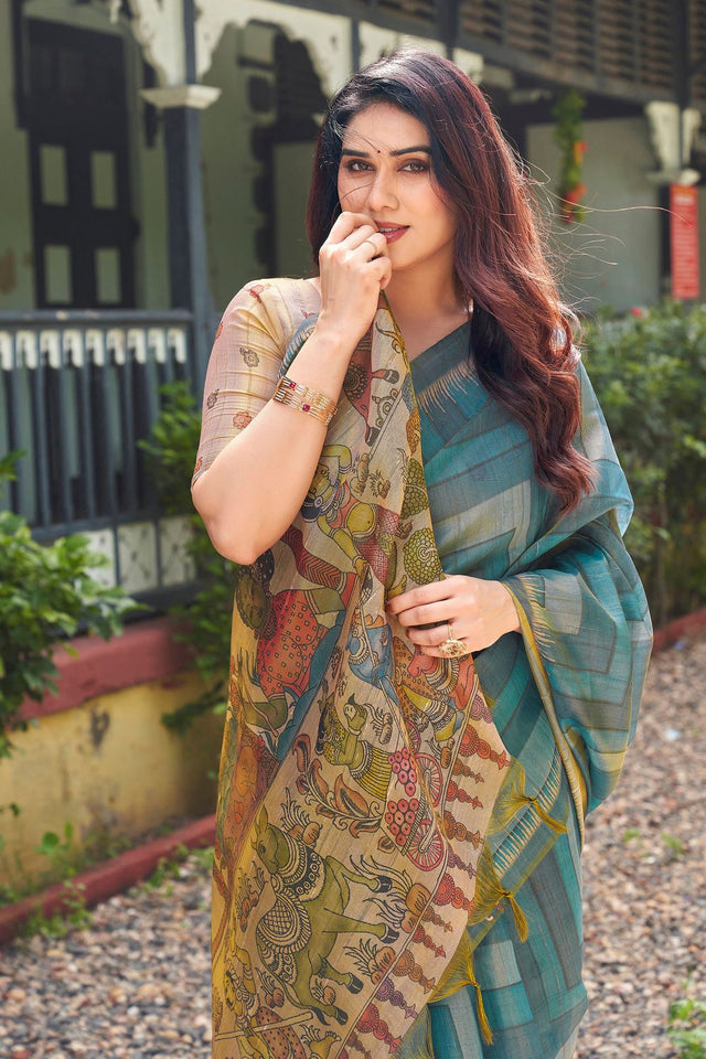 Turquoise Kalamkari Printed Silk Saree (ACB2528)