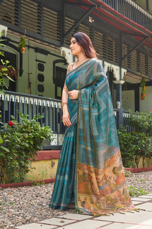 Turquoise Kalamkari Printed Silk Saree (ACB2528)