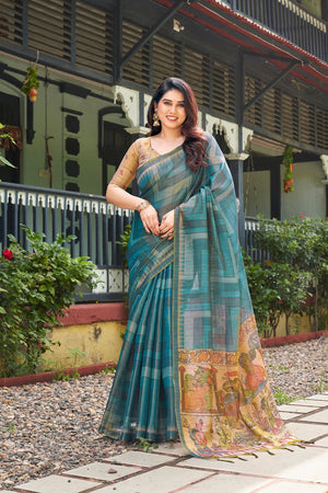 Turquoise Kalamkari Printed Silk Saree (ACB2528)