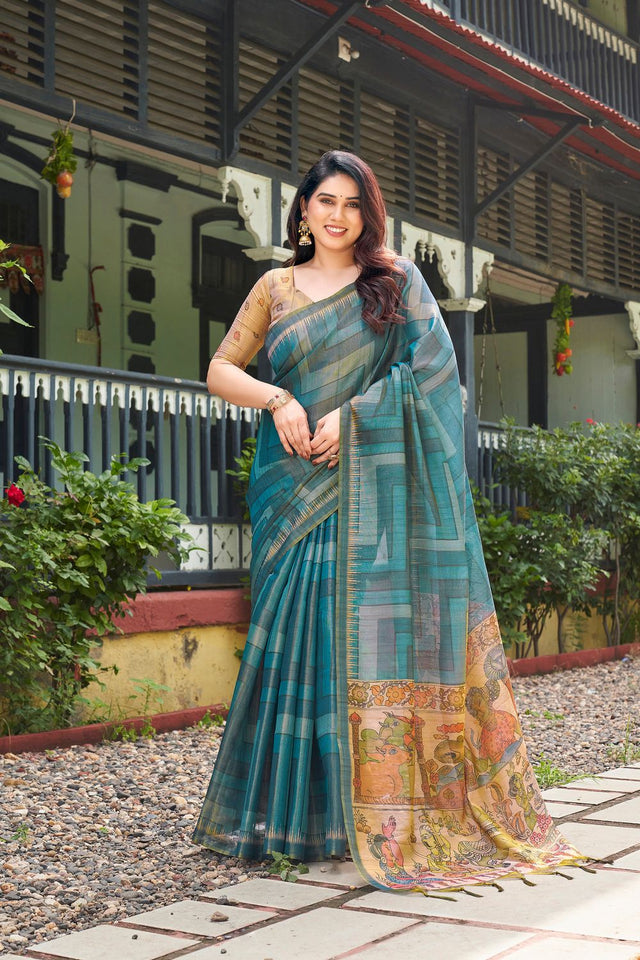 Turquoise Kalamkari Printed Silk Saree (ACB2528)