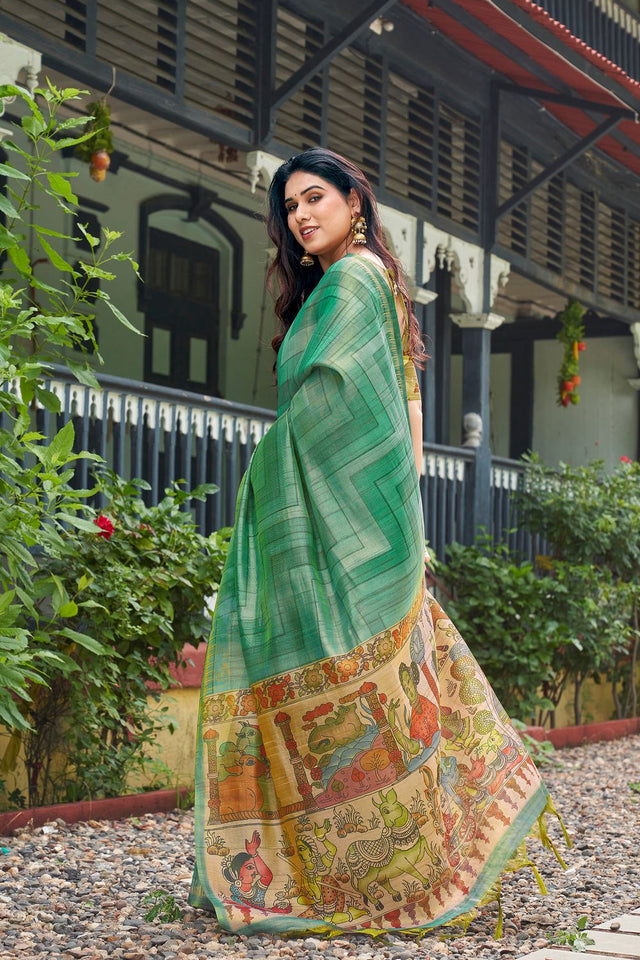 Sea-Green Kalamkari Printed Silk Saree (ACB2529)