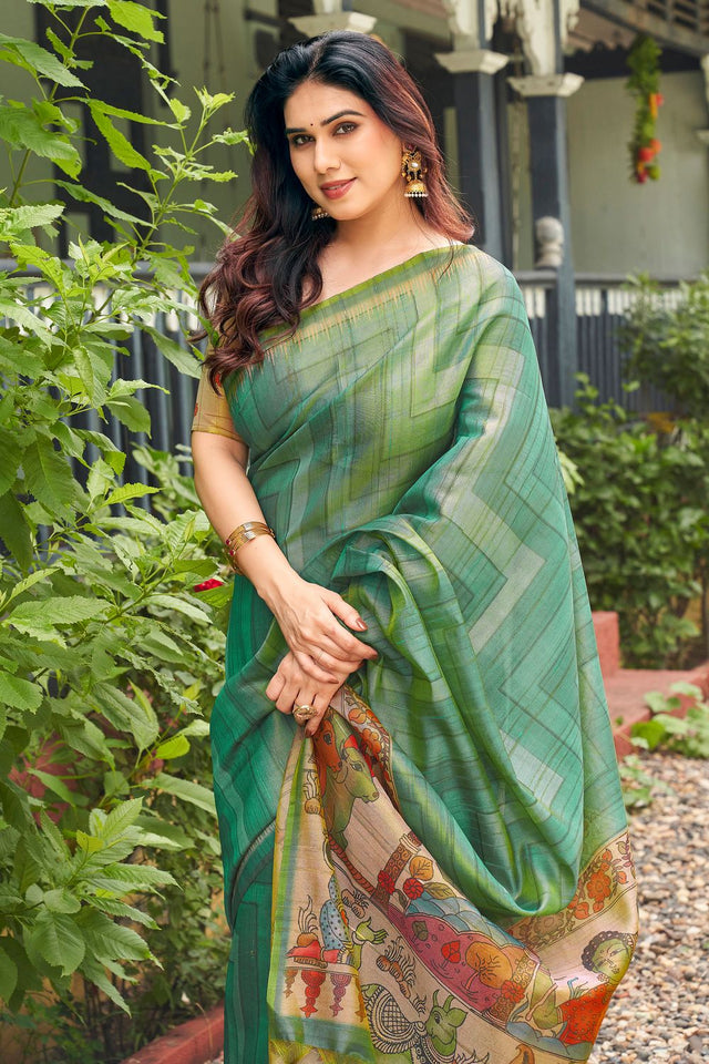 Sea-Green Kalamkari Printed Silk Saree (ACB2529)
