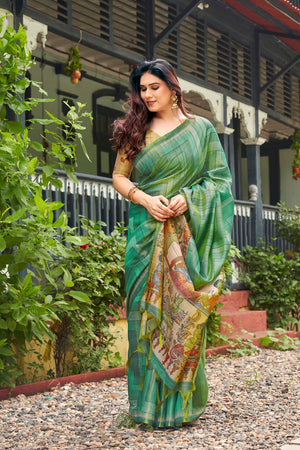 Sea-Green Kalamkari Printed Silk Saree (ACB2529)