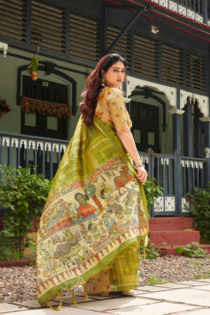 Mehendi Kalamkari Printed Silk Saree (ACB2530)