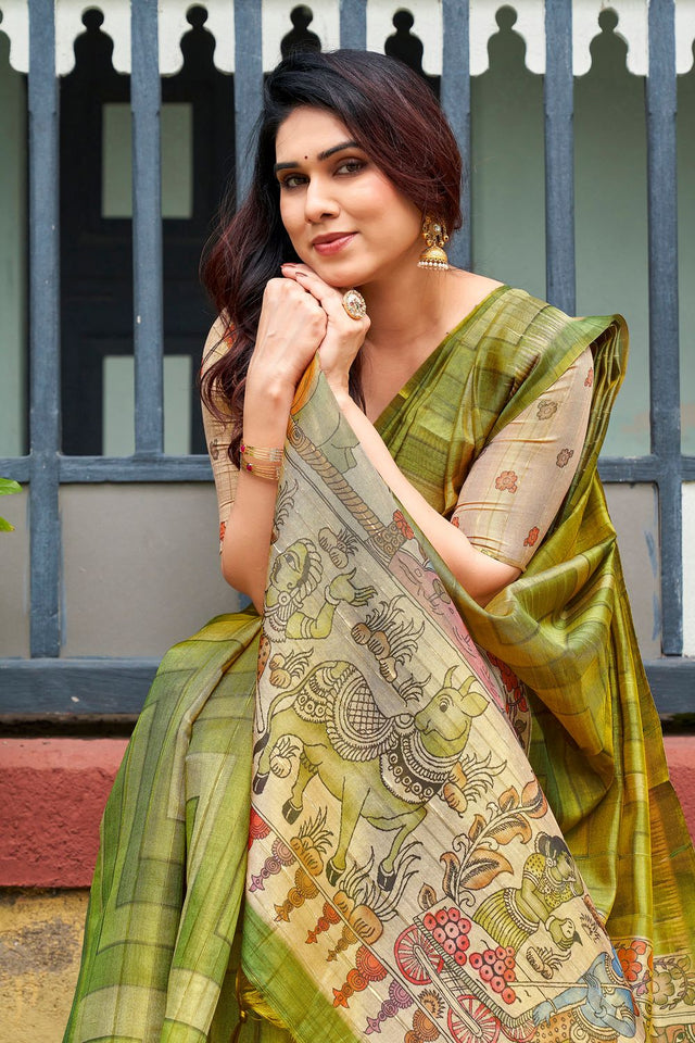 Mehendi Kalamkari Printed Silk Saree (ACB2530)