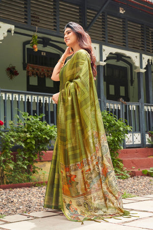 Mehendi Kalamkari Printed Silk Saree (ACB2530)