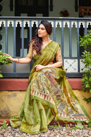 Mehendi Kalamkari Printed Silk Saree (ACB2530)