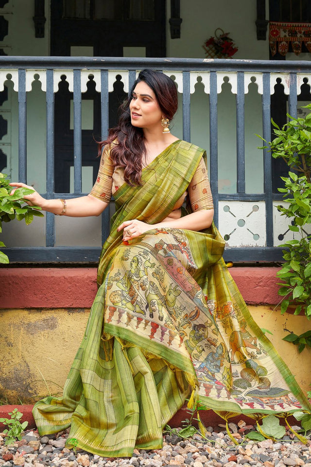 Mehendi Kalamkari Printed Silk Saree (ACB2530)
