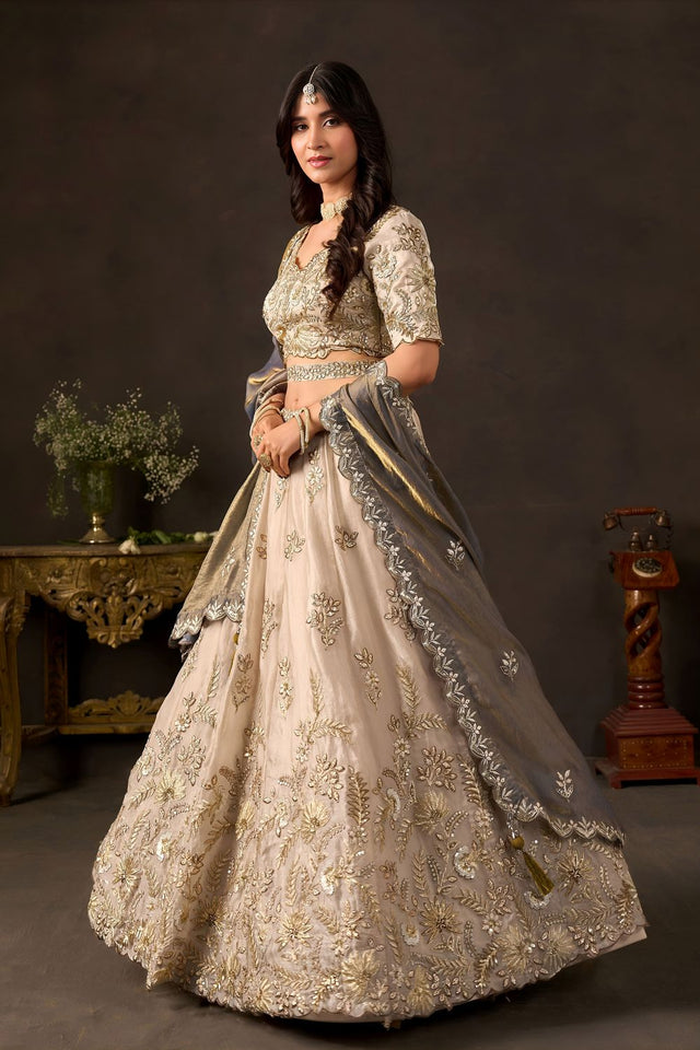 Beige Embroidered Silk Lehenga (ACB2531)