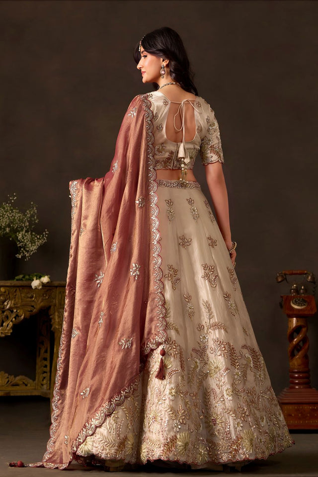 Beige Embroidered Silk Lehenga (ACB2532)