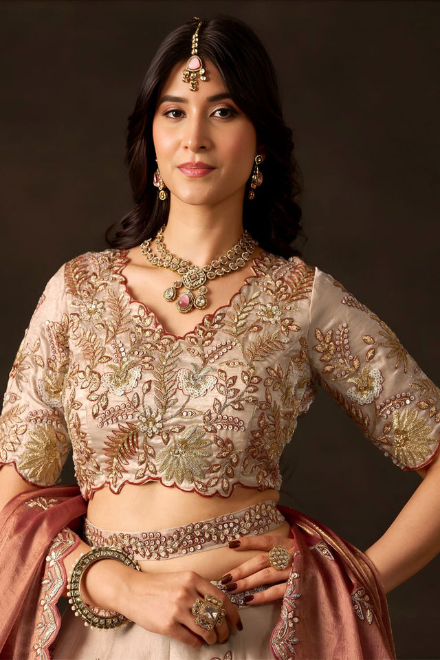 Beige Embroidered Silk Lehenga (ACB2532)