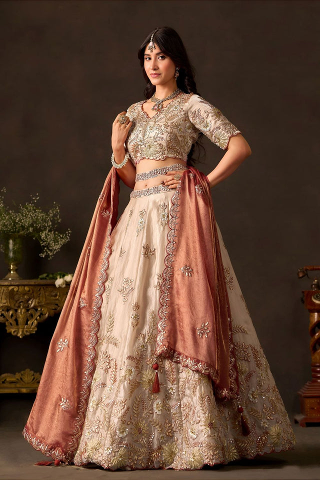 Beige Embroidered Silk Lehenga (ACB2532)