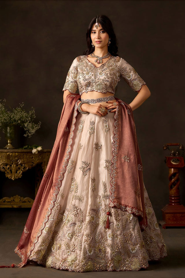 Beige Embroidered Silk Lehenga (ACB2532)