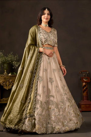 Beige Embroidered Silk Lehenga (ACB2533)