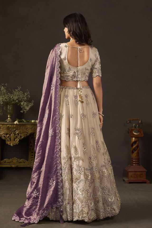 Beige Embroidered Silk Lehenga (ACB2534)
