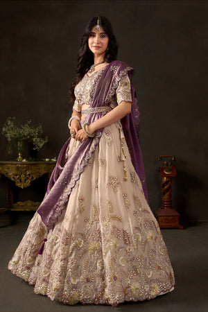 Beige Embroidered Silk Lehenga (ACB2534)