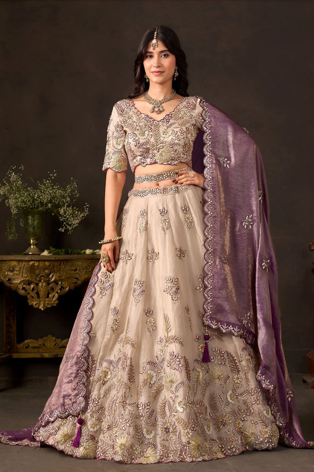 Beige Embroidered Silk Lehenga (ACB2534)