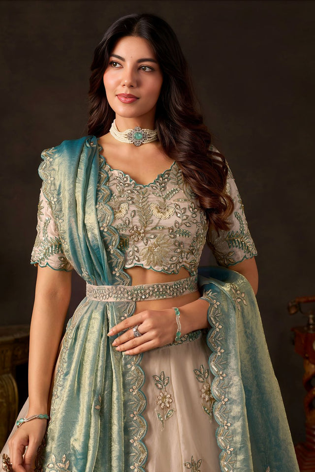 Beige Embroidered Silk Lehenga (ACB2535)