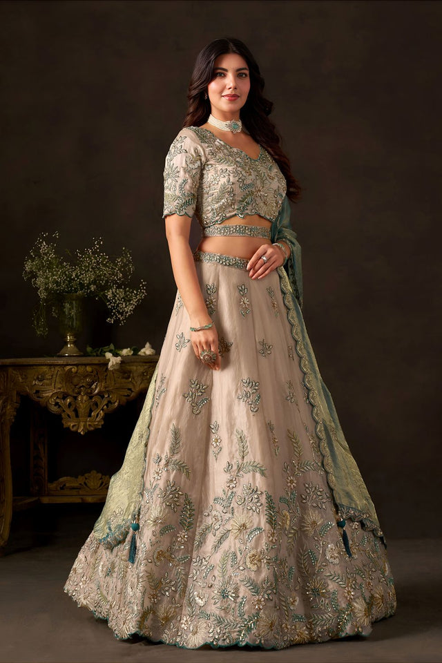 Beige Embroidered Silk Lehenga (ACB2535)