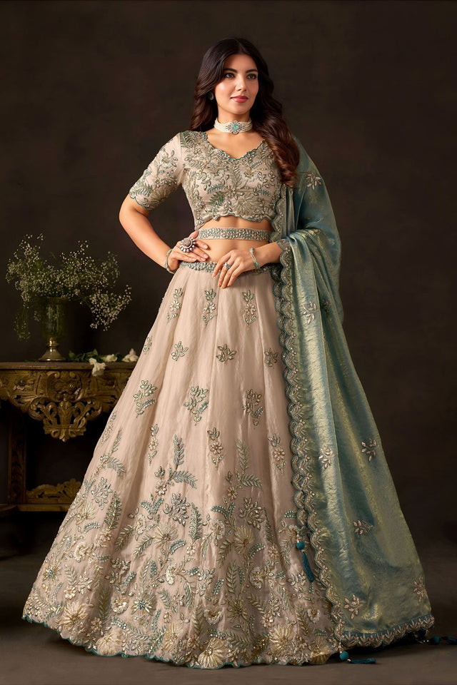 Beige Embroidered Silk Lehenga (ACB2535)