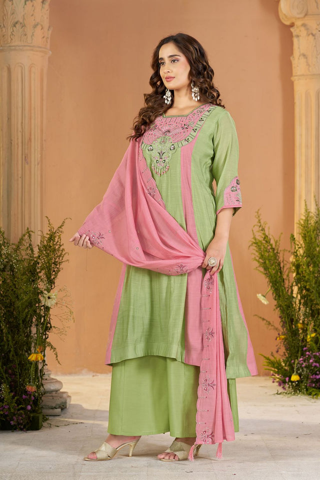 Green Embroidered Chanderi Palazzo Suit (ACB2536)