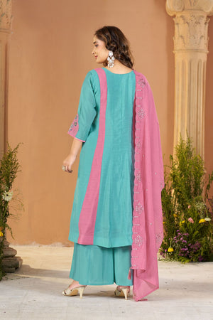 Blue Embroidered Chanderi Palazzo Suit (ACB2537)