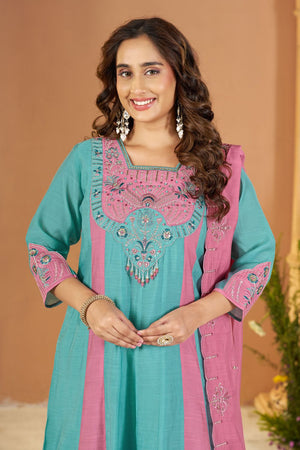 Blue Embroidered Chanderi Palazzo Suit (ACB2537)