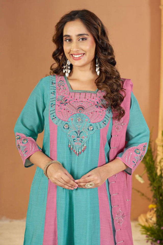 Blue Embroidered Chanderi Palazzo Suit (ACB2537)