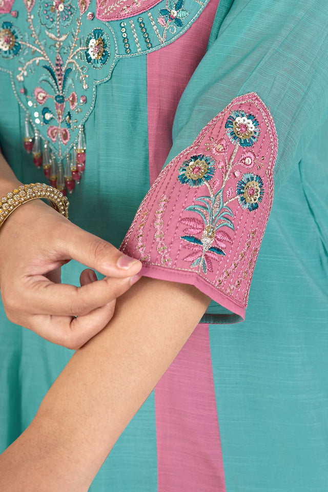 Blue Embroidered Chanderi Palazzo Suit (ACB2537)