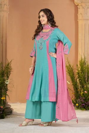 Blue Embroidered Chanderi Palazzo Suit (ACB2537)