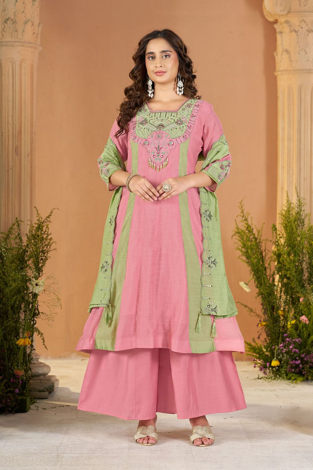 Pink Embroidered Chanderi Palazzo Suit (ACB2538)