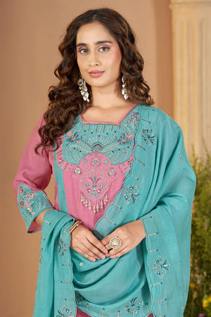 Pink Embroidered Chanderi Palazzo Suit (ACB2539)
