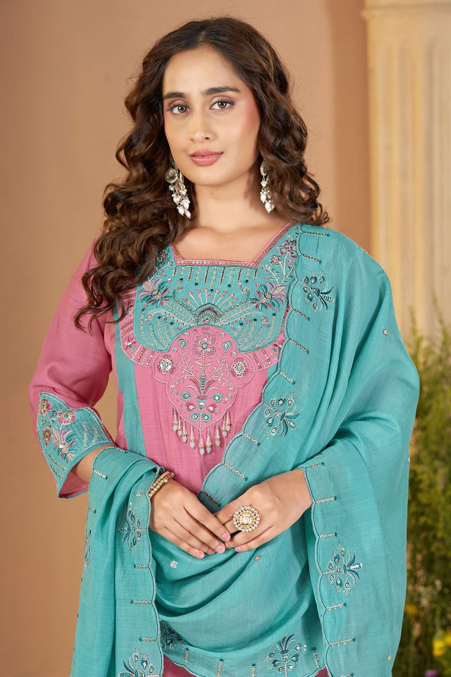Pink Embroidered Chanderi Palazzo Suit (ACB2539)