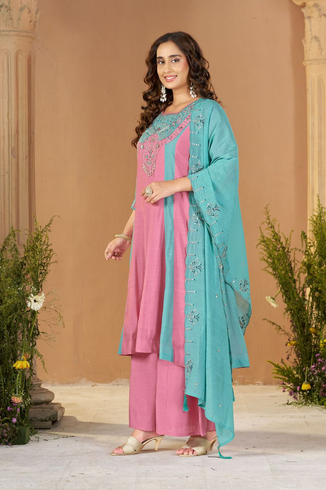 Pink Embroidered Chanderi Palazzo Suit (ACB2539)
