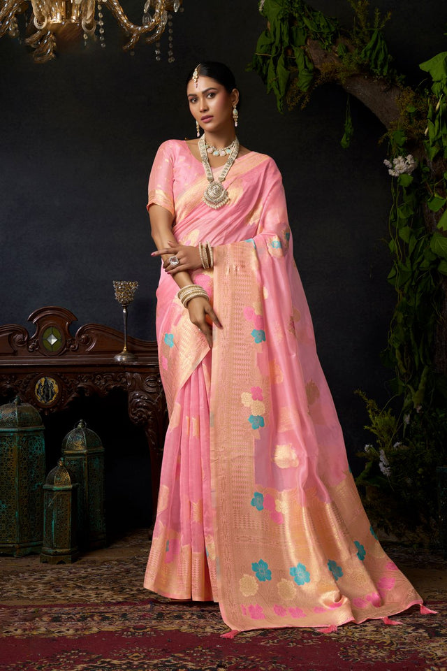 Pink Woven Organza Saree (ACB2541)
