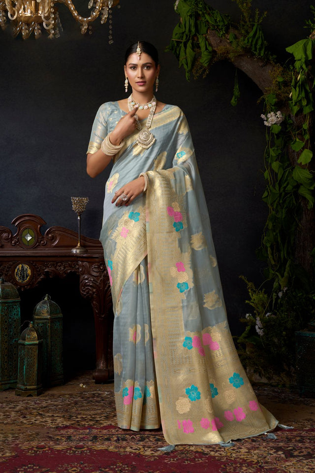 Grey Woven Organza Saree (ACB2543)