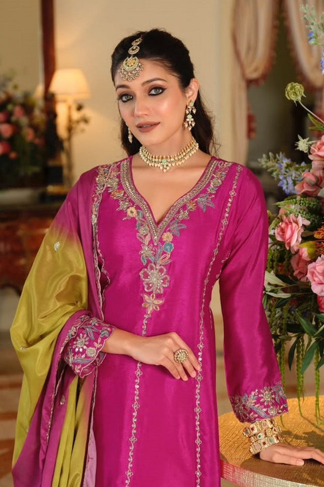 Pink Heavy Embroidered Chinon Free Size Stitched Palazzo Suit (ACB2560)