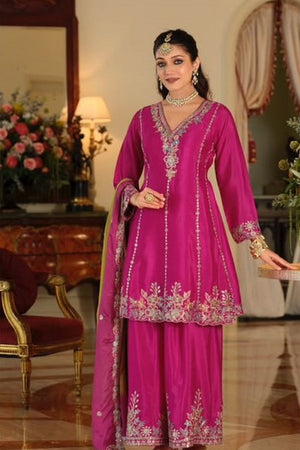 Pink Heavy Embroidered Chinon Free Size Stitched Palazzo Suit (ACB2560)