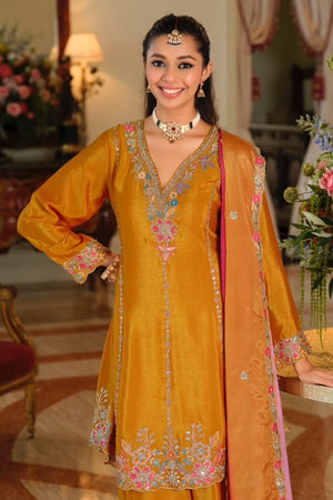 Yellow Heavy Embroidered Chinon Free Size Stitched Palazzo Suit (ACB2561)