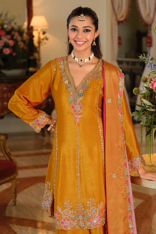 Yellow Heavy Embroidered Chinon Free Size Stitched Palazzo Suit (ACB2561)