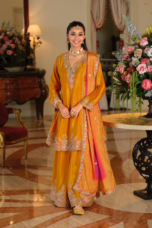 Yellow Heavy Embroidered Chinon Free Size Stitched Palazzo Suit (ACB2561)