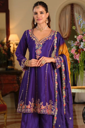 Purple Heavy Embroidered Chinon Free Size Stitched Palazzo Suit (ACB2562)