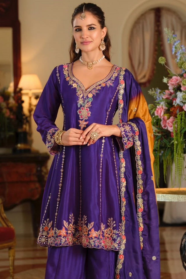Purple Heavy Embroidered Chinon Free Size Stitched Palazzo Suit (ACB2562)