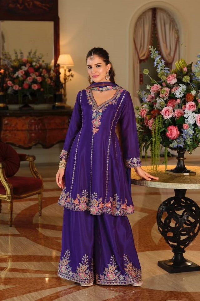 Purple Heavy Embroidered Chinon Free Size Stitched Palazzo Suit (ACB2562)